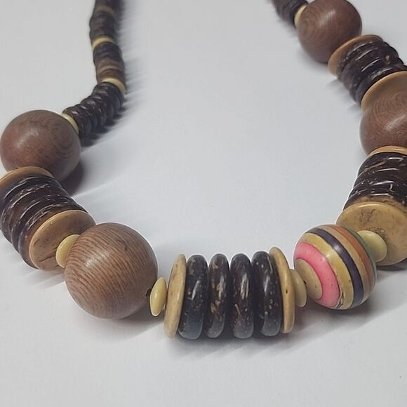Wooden Beaded Necklace - Brown and Multicolor - Picture 3 of 4